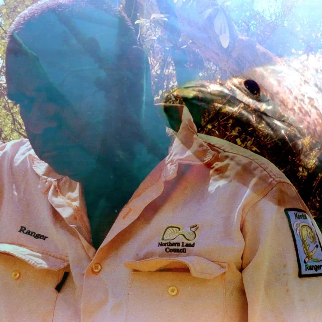 Still from film by the Karrabing Film Collective with an a fish overlaid on a man