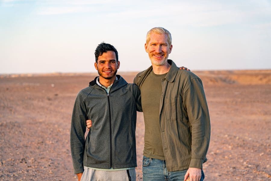 Mohamed Salem Mohamed Ali and Brendan McGetrick in the Sahara desert, near the Smara refugee camp, Algeria. 