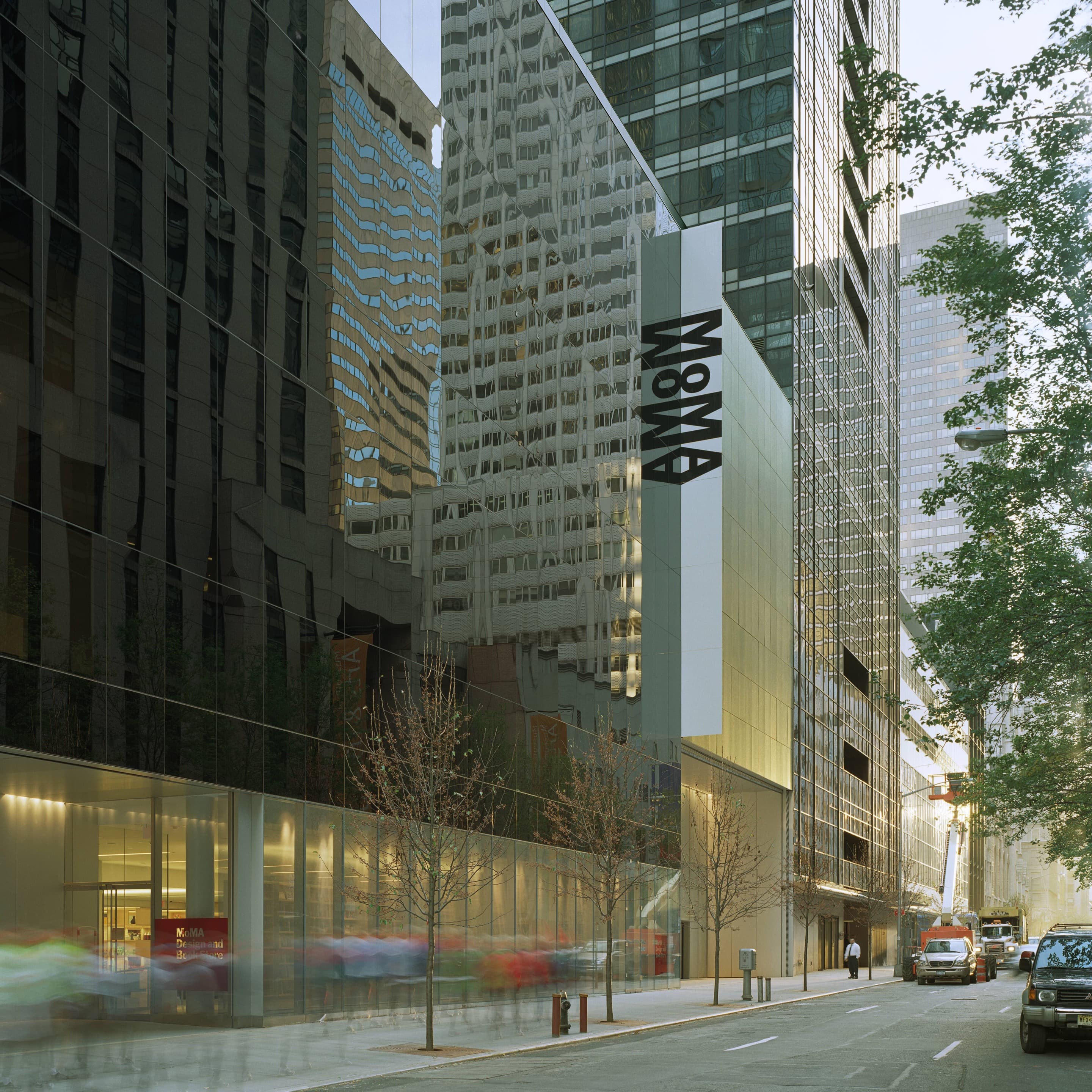 Foreground, The David and Peggy Rockefeller Building, 2004, architect, Yoshio Taniguchi; background, Museum Tower, 1982, architect, Cesar Pelli & Associates.