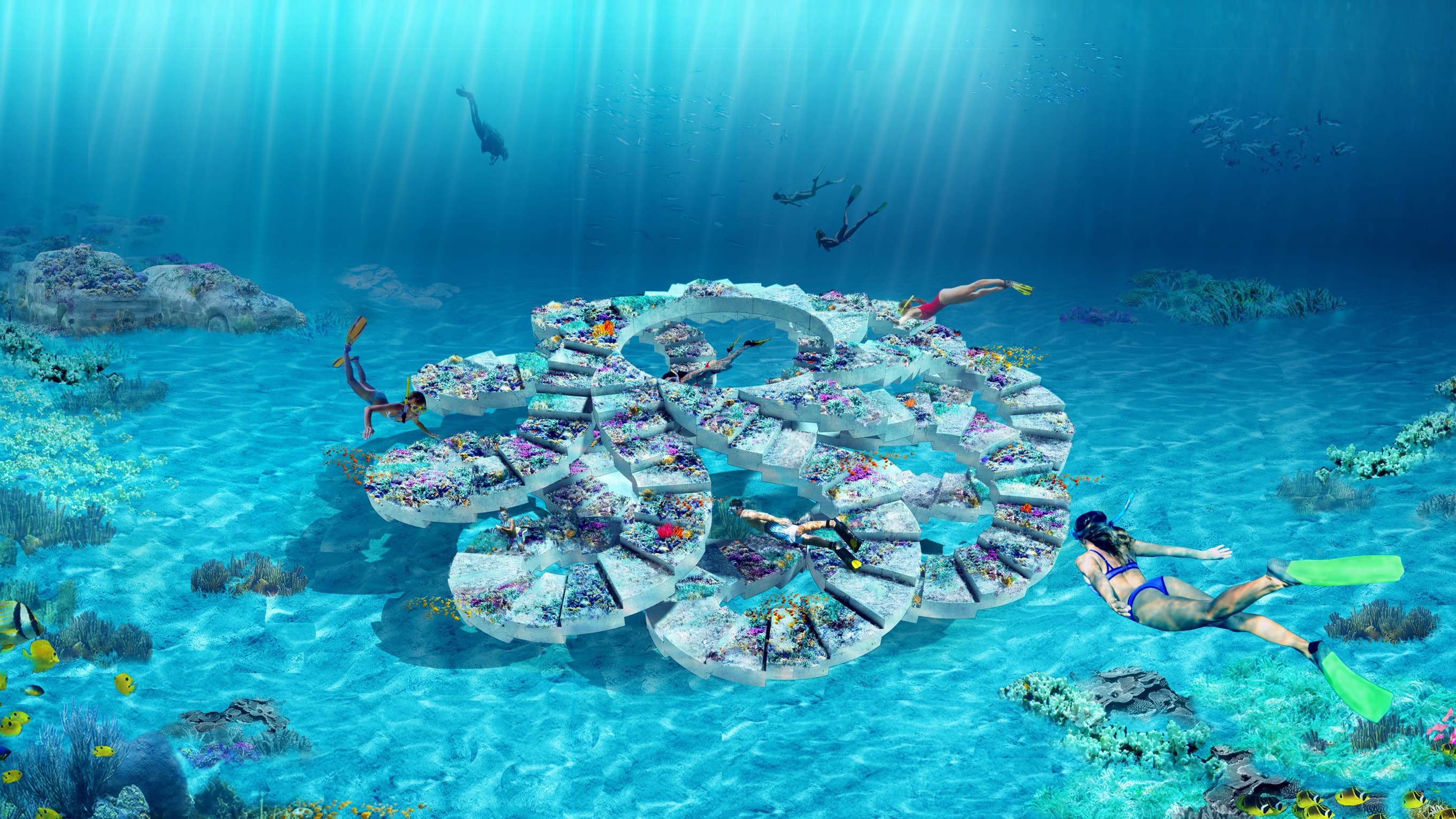 Underwater sculpture with divers.